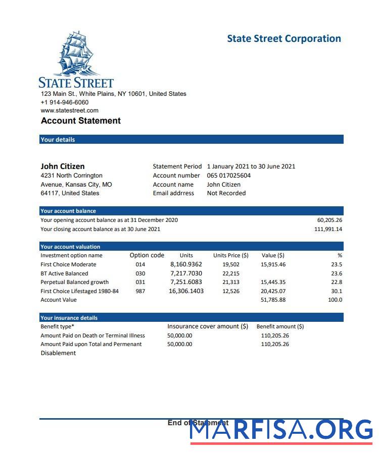 Realistic USA State Street Corporation bank statement excel real example